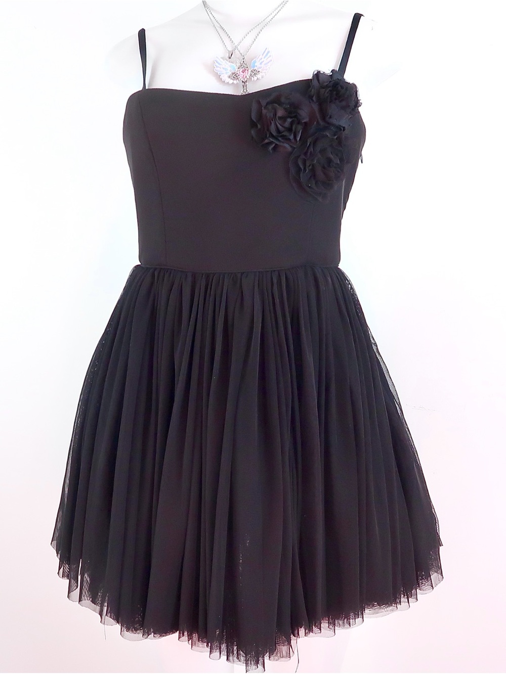 Forever 21 Black Spaghetti-Strap Tulle Party Dress with Floral Appliqués